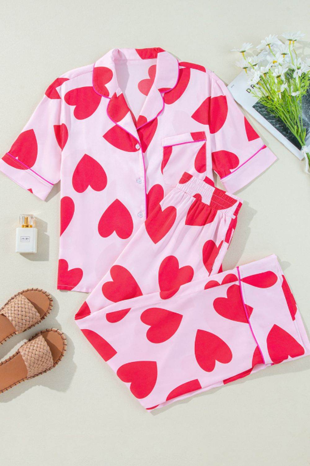 Heart Collared Neck Short Sleeve Top and Pants Lounge Set - Delanoir