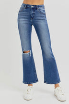 RISEN Full Size Distressed High Rise Crop Flare Jeans - Delanoir