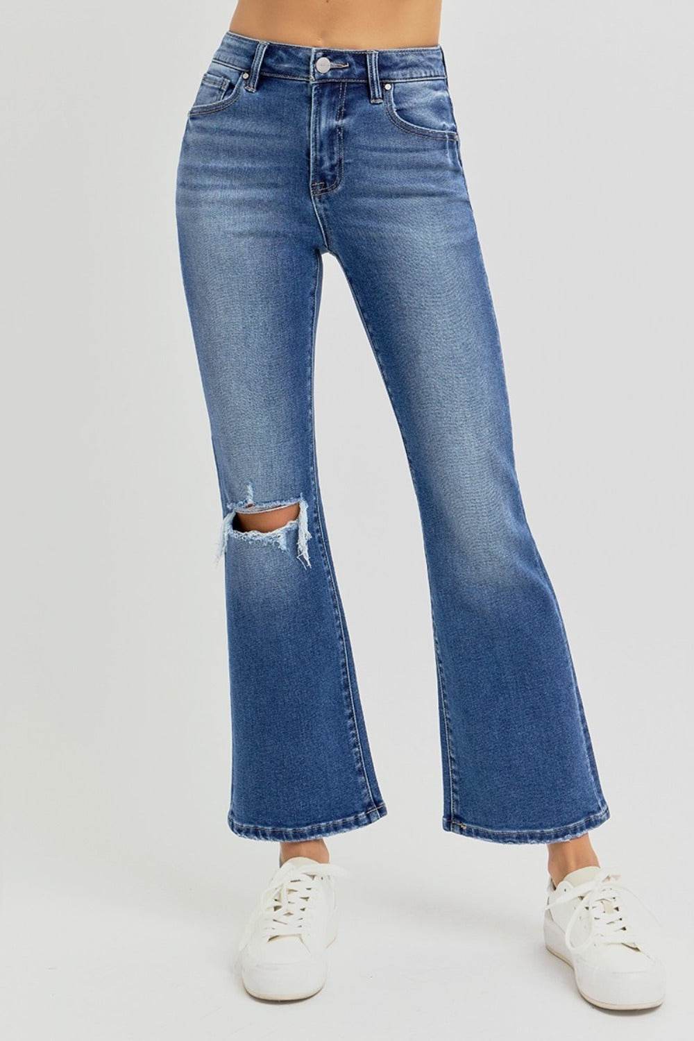 RISEN Full Size Distressed High Rise Crop Flare Jeans - Delanoir