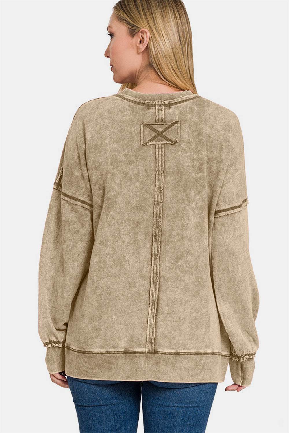 Zenana Exposed Seam Round Neck Dropped Shoulder Sweatshirt - Delanoir