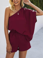 Single Shoulder Batwing Sleeve Romper - Delanoir