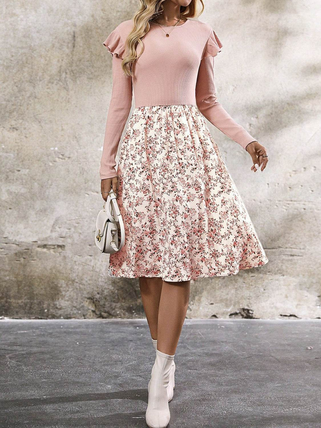 Ruffled Floral Long Sleeve Knee Length Dress - Delanoir