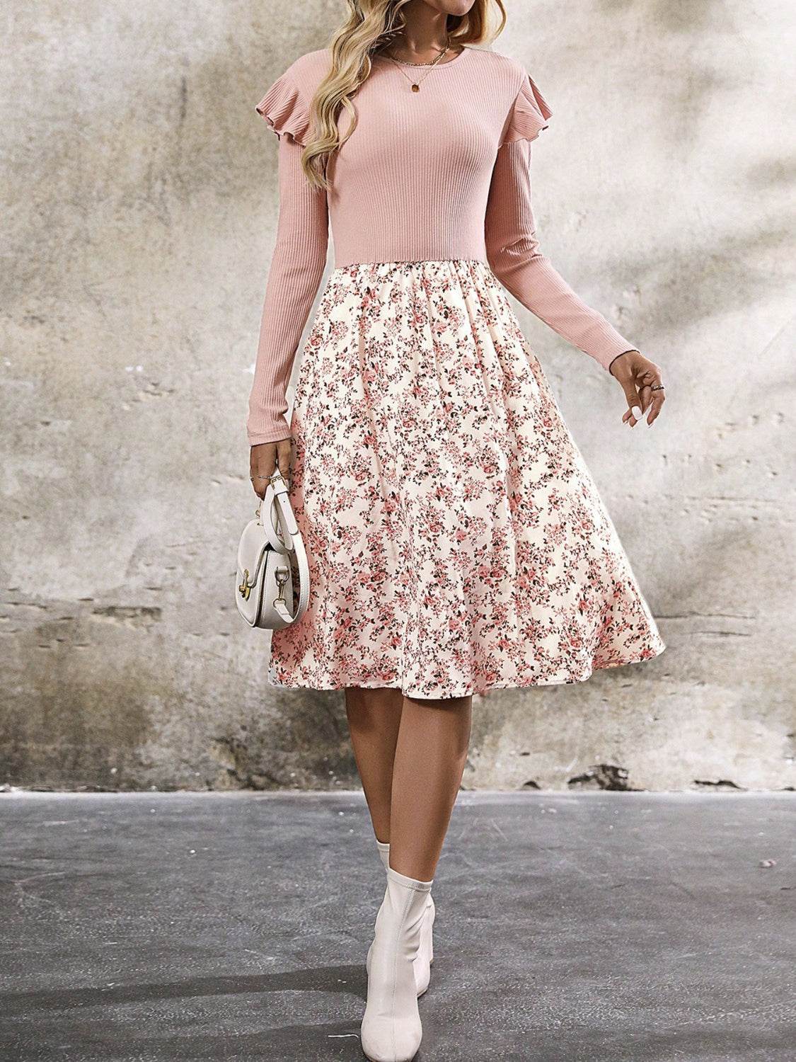 Ruffled Floral Long Sleeve Knee Length Dress - Delanoir