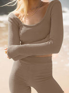 Scoop Neck Long Sleeve Top and Shorts Set - Delanoir