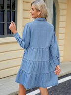 Tiered Button Up Long Sleeve Denim Dress - Delanoir