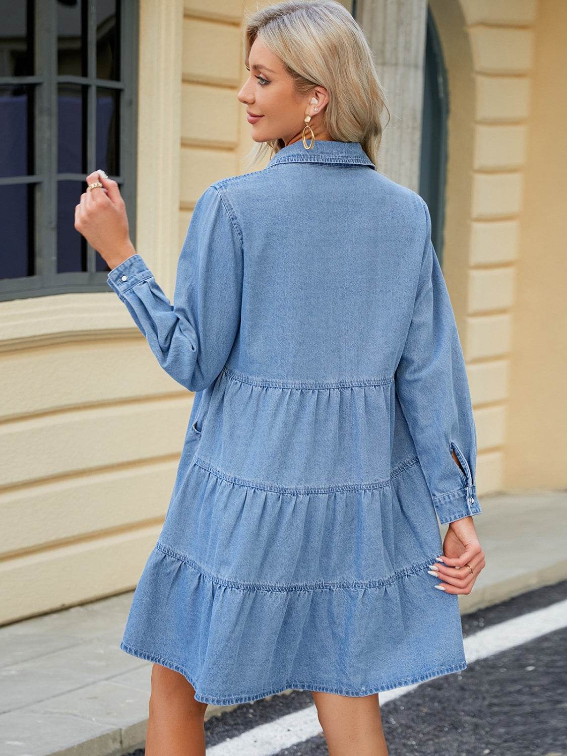 Tiered Button Up Long Sleeve Denim Dress - Delanoir