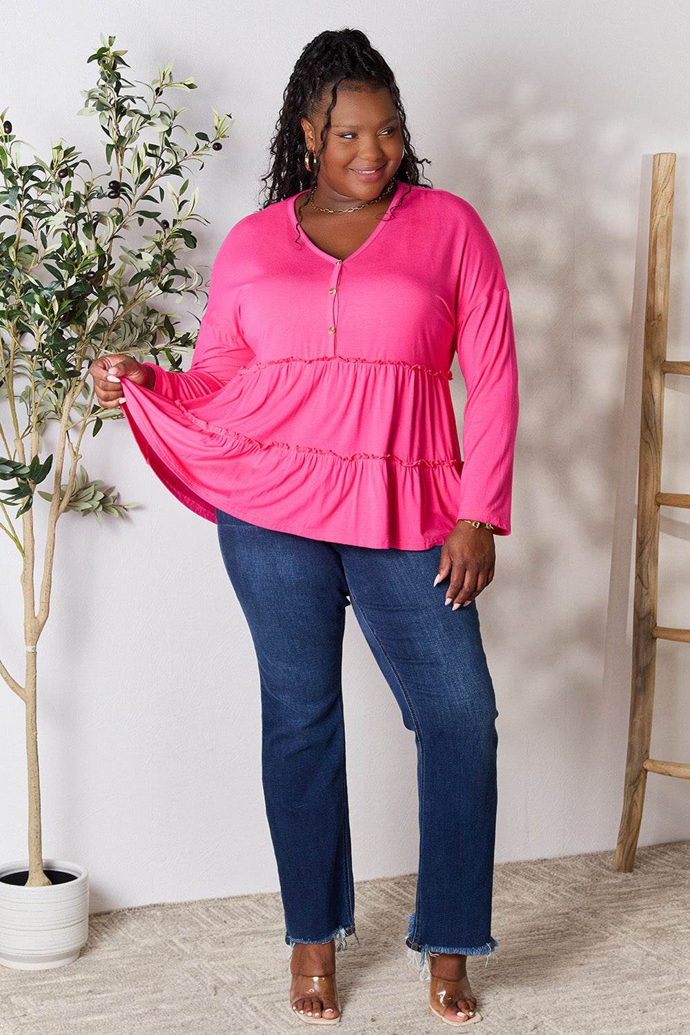 Double Take Half Button Long Sleeve Ruffle Hem Blouse - Delanoir
