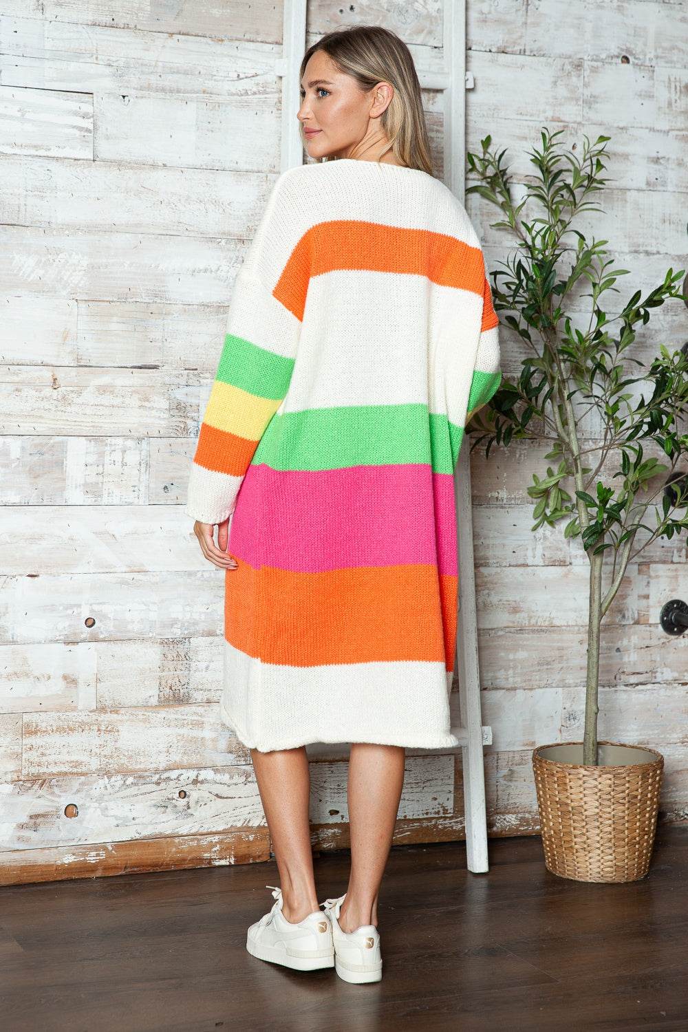 Color Block V-Neck Long Sleeve Sweater Dress - Delanoir