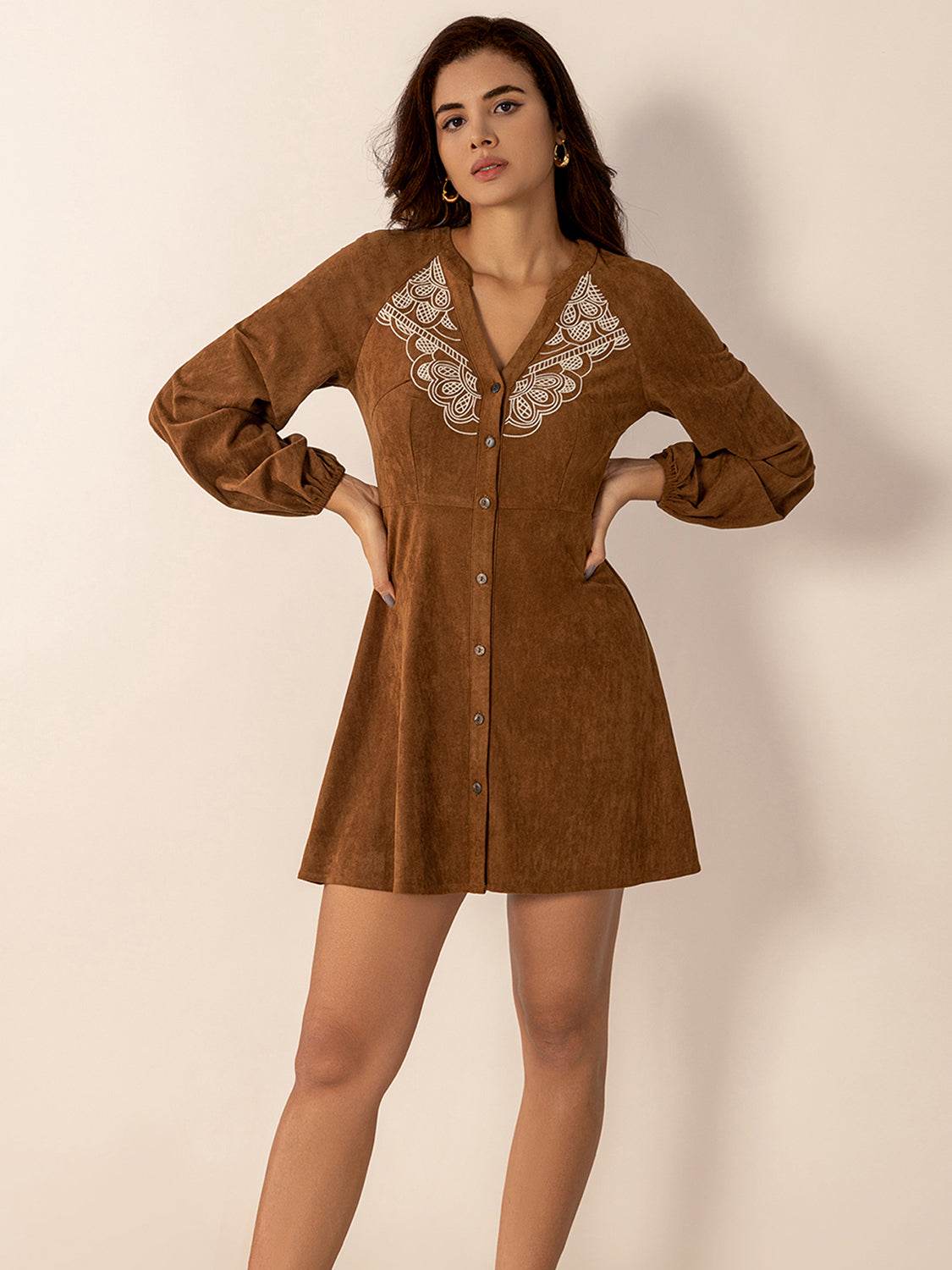 Notched Button Down Long Sleeve Mini Dress - Delanoir