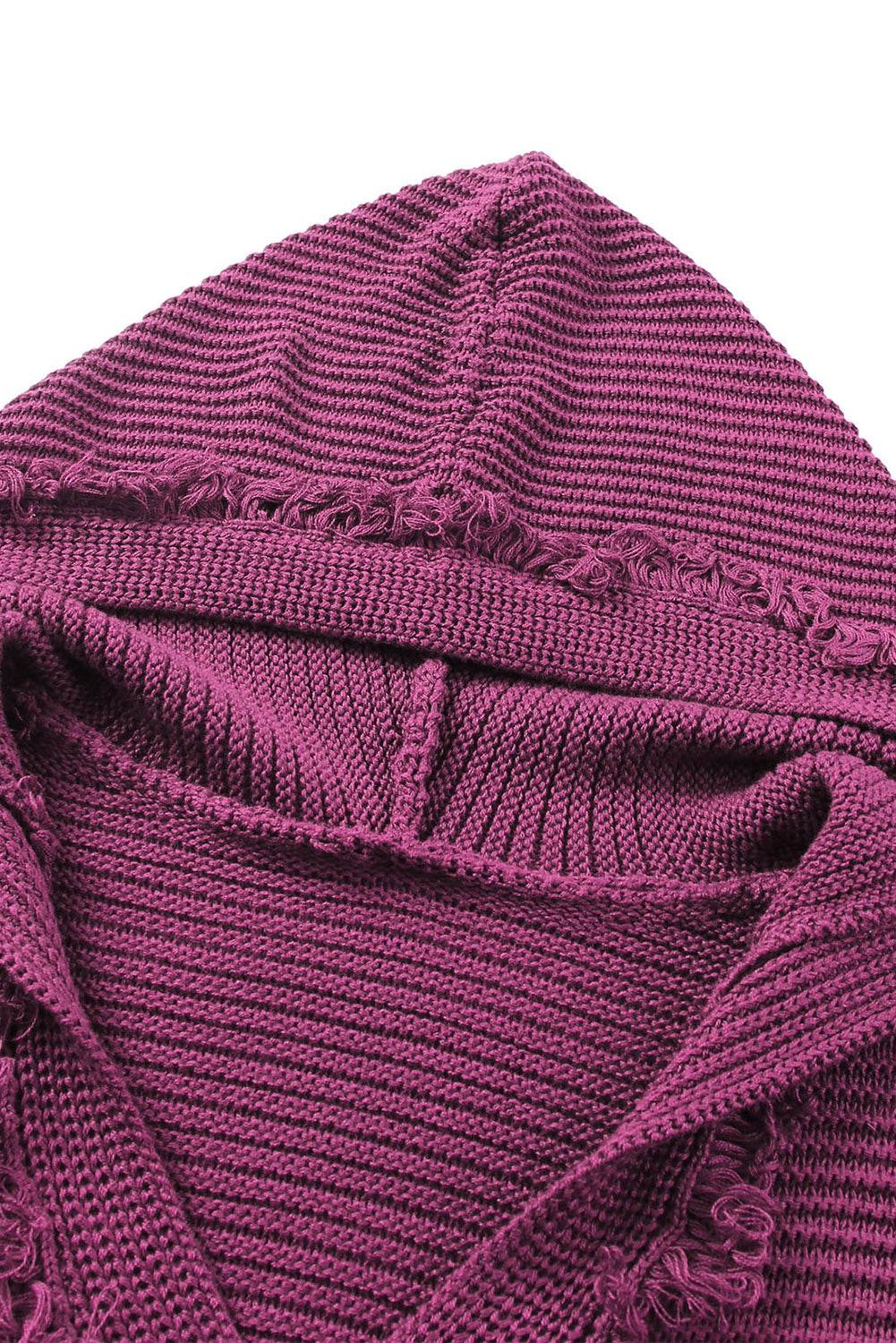 Woven Right Horizontal Ribbing Fringe Trim Hooded Sweater - Delanoir