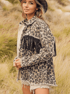 Leopard Fringe Detail Collared Neck Denim Jacket - Delanoir