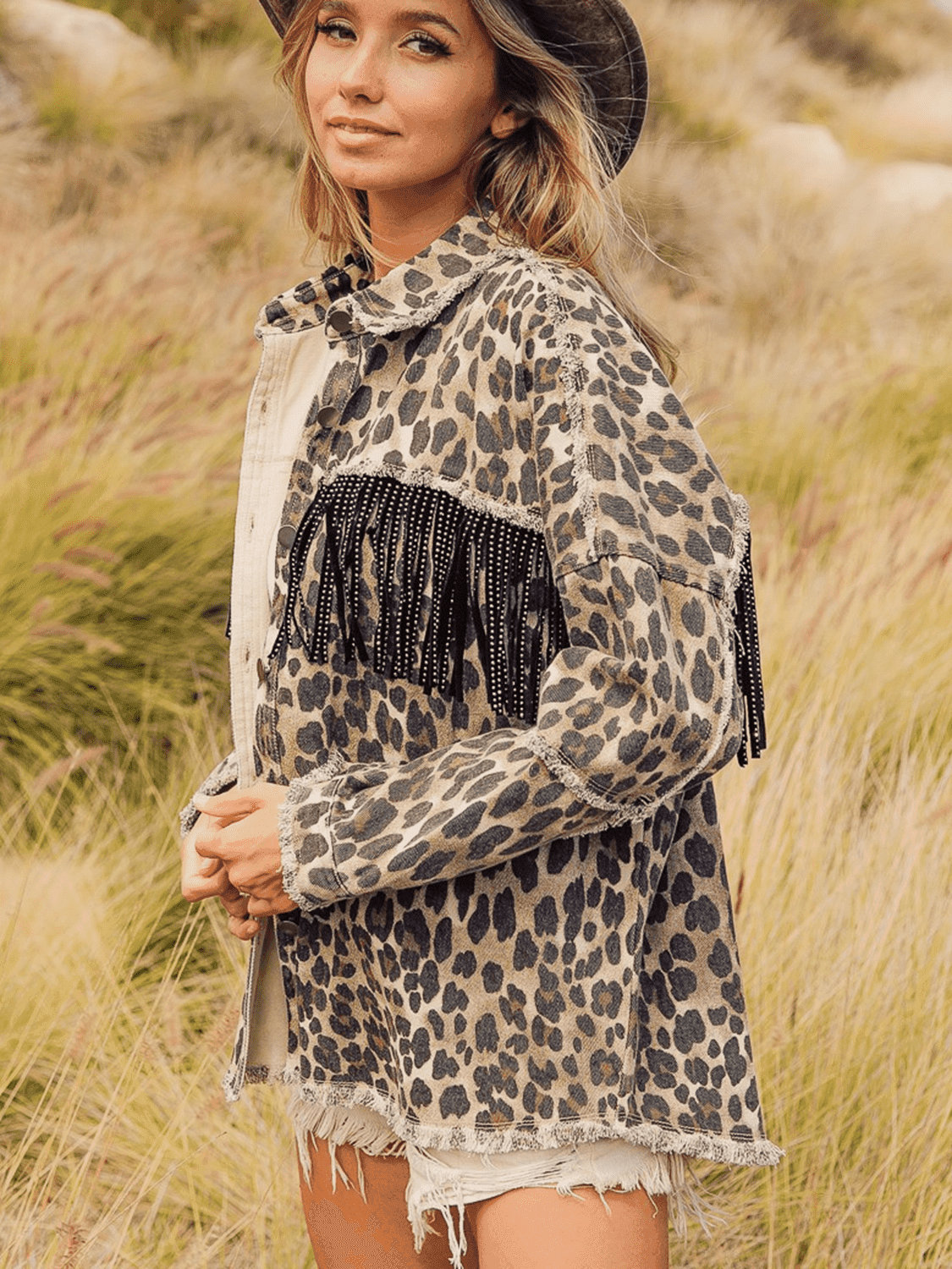 Leopard Fringe Detail Collared Neck Denim Jacket - Delanoir