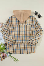 Drawstring Waffle Knit Patchwork Hooded Plaid Shacket - Delanoir