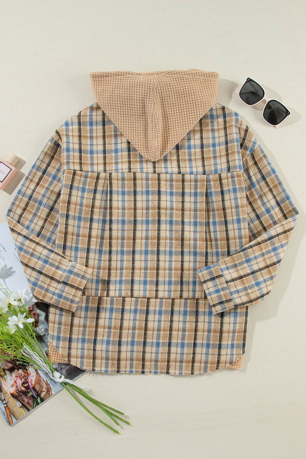Drawstring Waffle Knit Patchwork Hooded Plaid Shacket - Delanoir