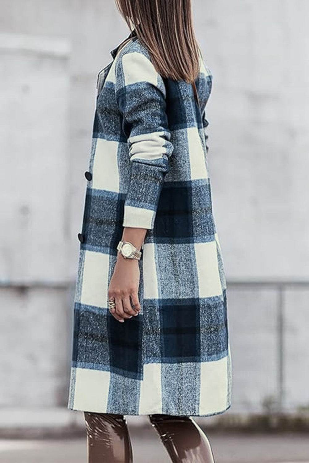 Double Take Full Size Plaid Button Up Lapel Collar Coat - Delanoir