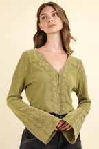 VERY J V-Neck Lace Detail Button Down Crop Ribbed Knit Top - Delanoir