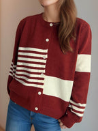 Striped Color Block Round Neck Cardigan - Delanoir
