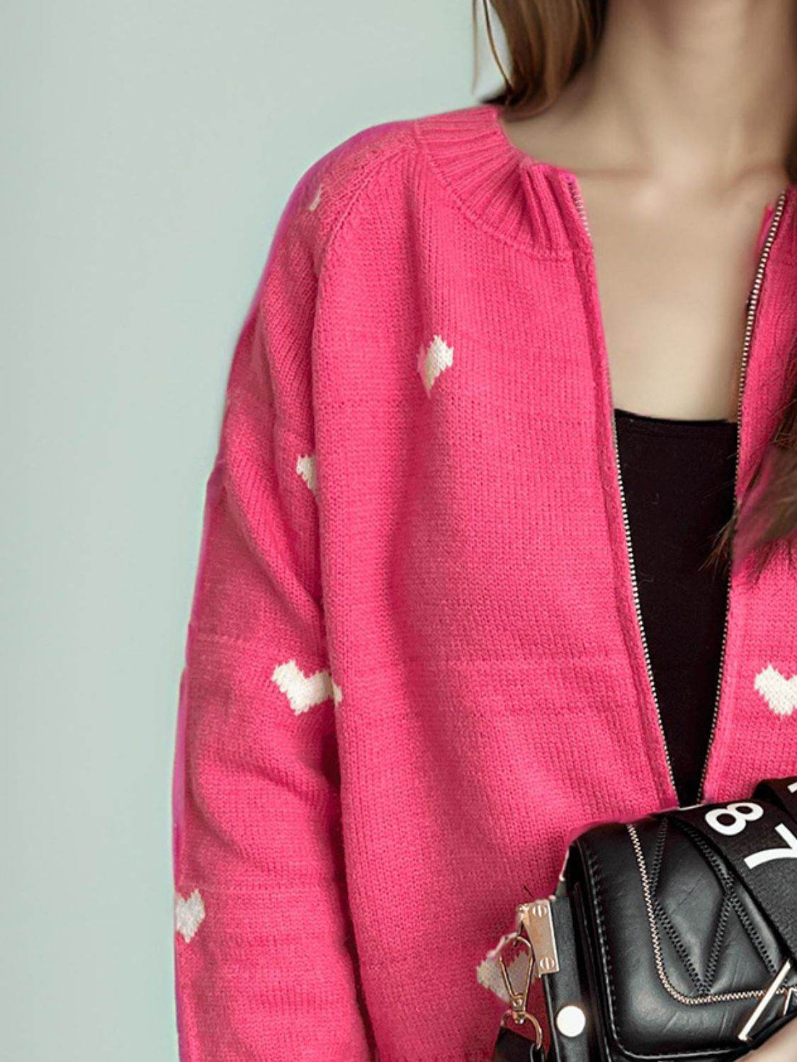 Heart Round Neck Zip Up Cardigan - Delanoir