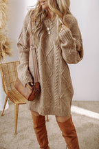 Cable-Knit Round Neck Sweater Dress - Delanoir