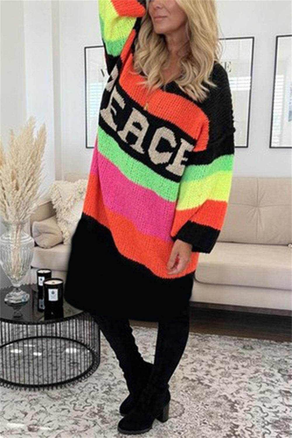 Color Block V-Neck Long Sleeve Sweater Dress - Delanoir