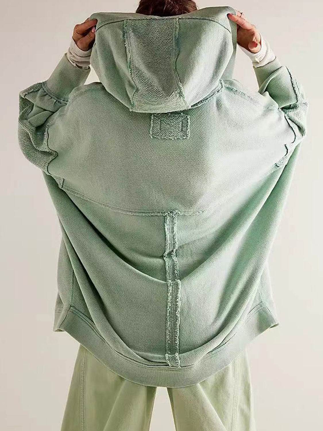 Exposed Seam Open Front Batwing Sleeve Hooded Cardigan - Delanoir