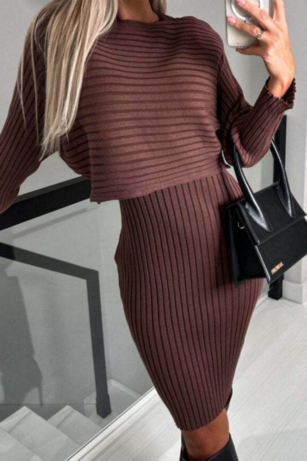Ribbed Round Neck Top and Cami Dress Sweater Set - Delanoir