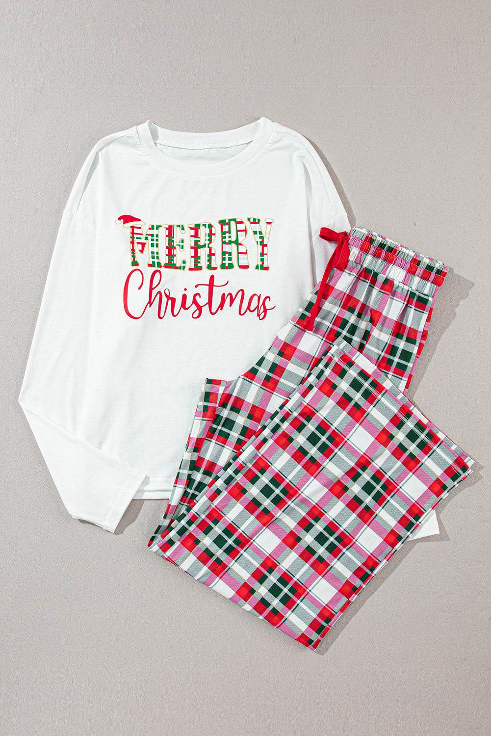 MERRY CHRISTMAS Round Neck Top and Plaid Pants Set - Delanoir