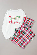 MERRY CHRISTMAS Round Neck Top and Plaid Pants Set - Delanoir