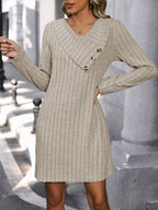 Perfee V-Neck Long Sleeve Knit Dress - Delanoir