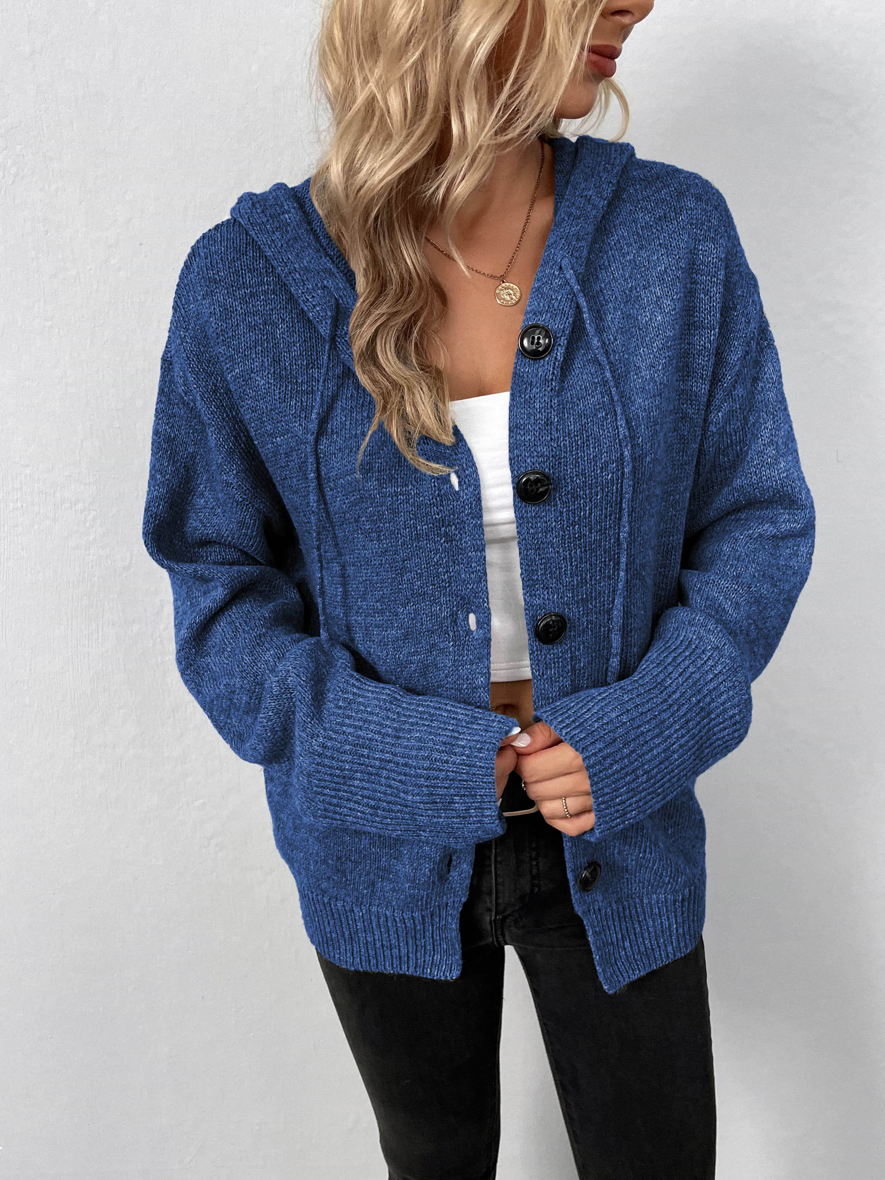 Button-Down Long Sleeve Hooded Sweater - Delanoir