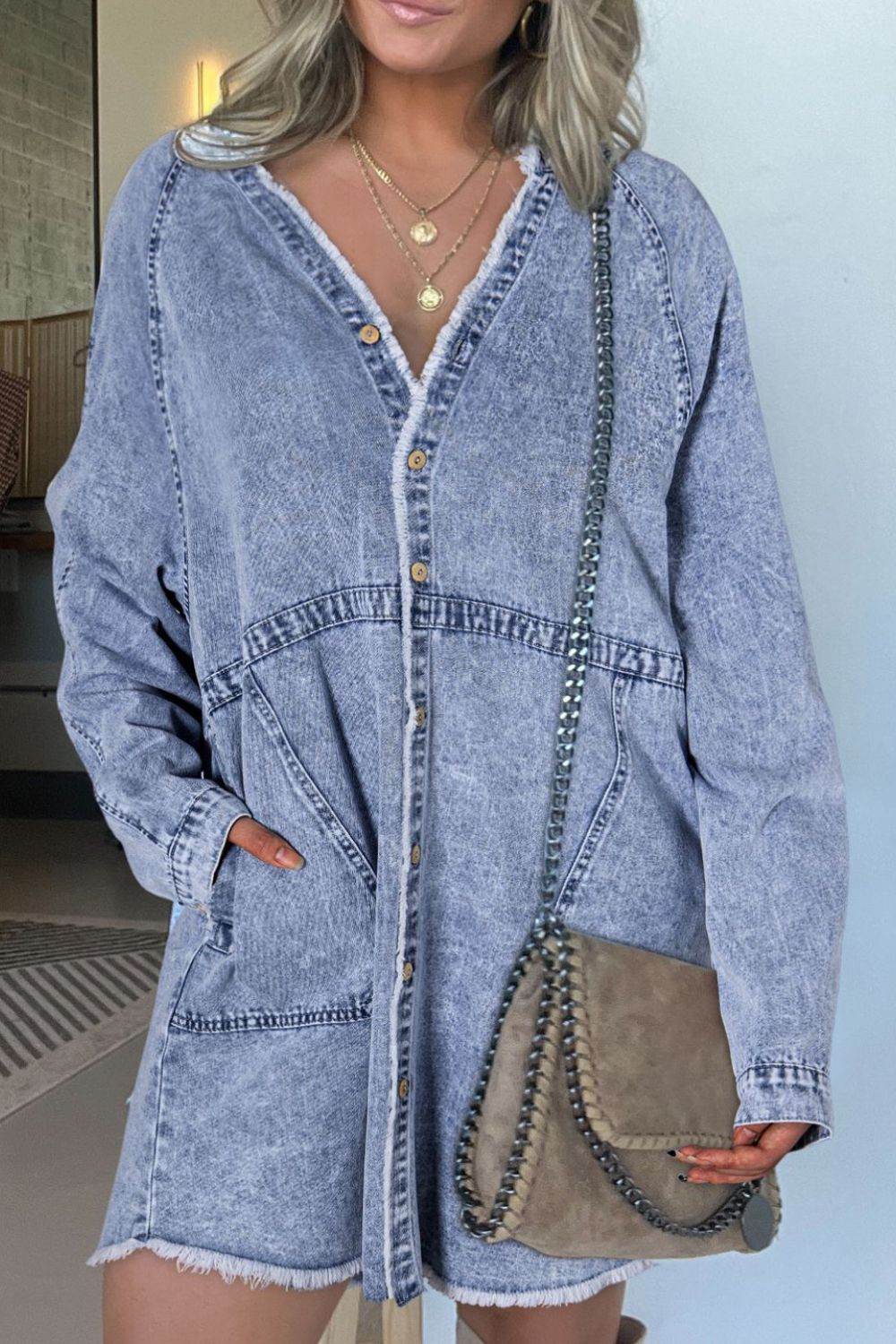 Raw Hem Button Down Long Sleeve Denim Dress - Delanoir