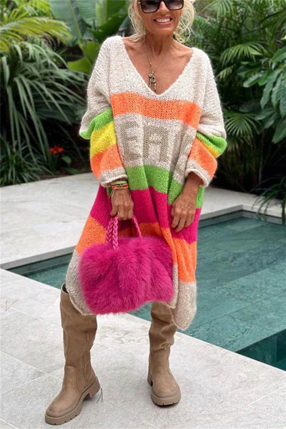 Color Block V-Neck Long Sleeve Sweater Dress - Delanoir