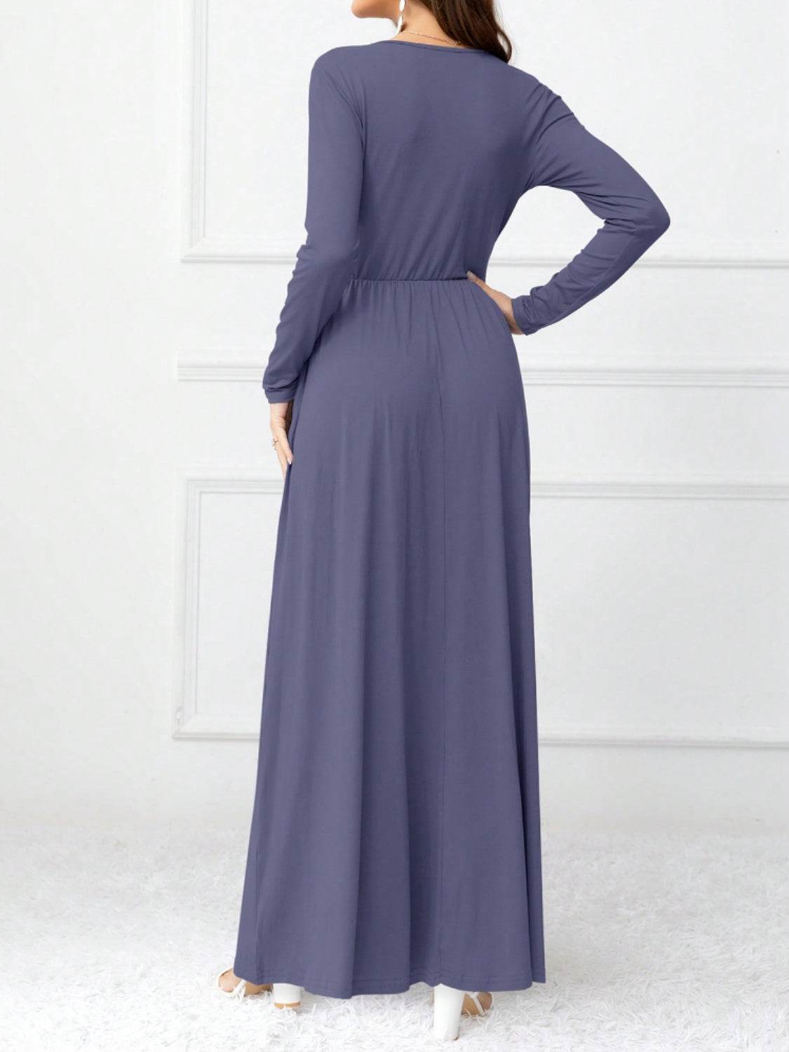Pocketed Surplice Long Sleeve Maxi Dress - Delanoir
