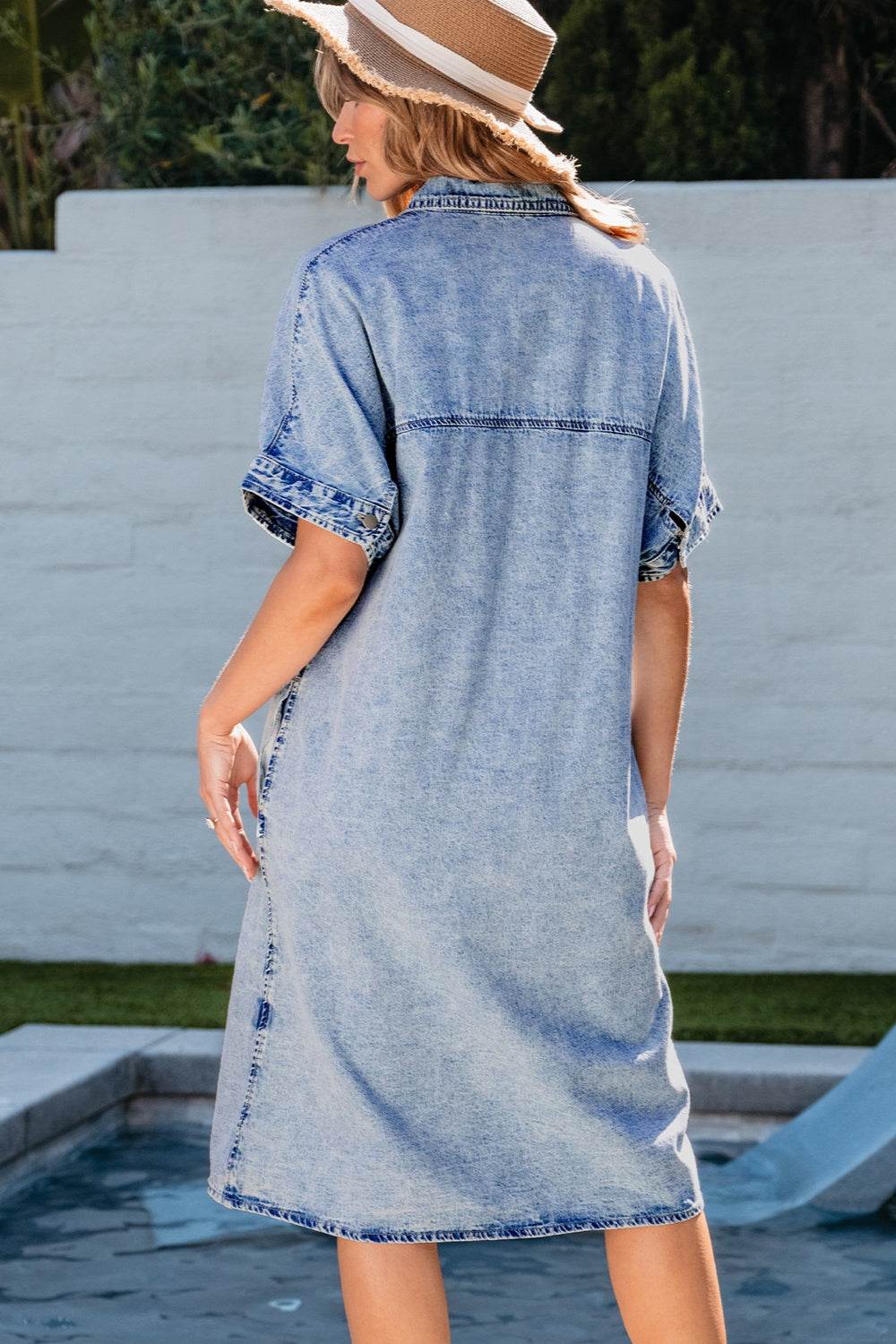 Pocketed Button Up Half Sleeve Denim Dress - Delanoir