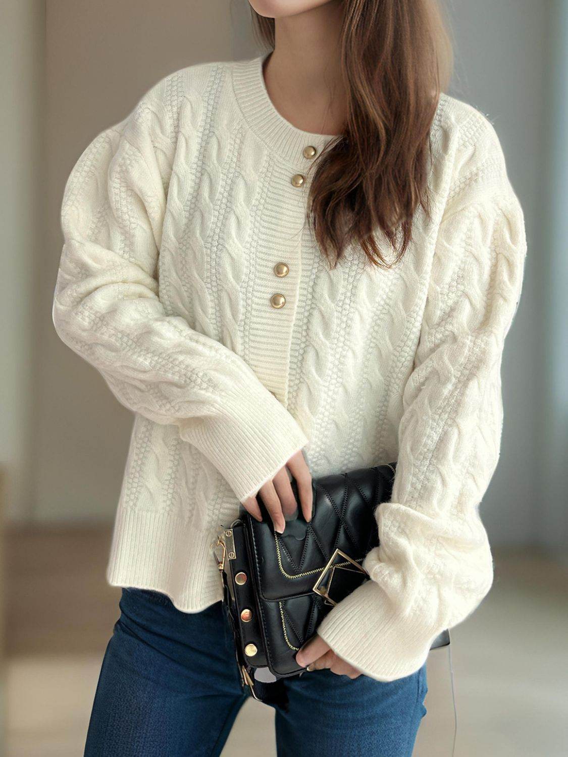 Cable-Knit Round Neck Long Sleeve Cardigan - Delanoir