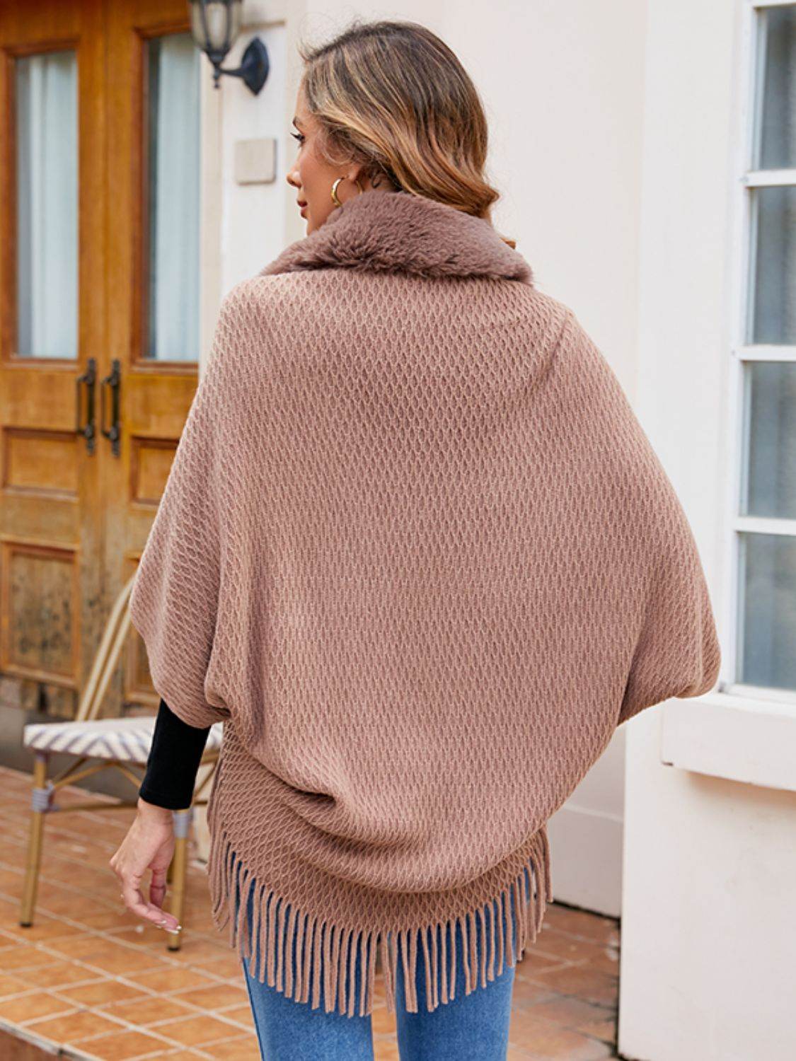 Open Front Fringe Hem Poncho - Delanoir