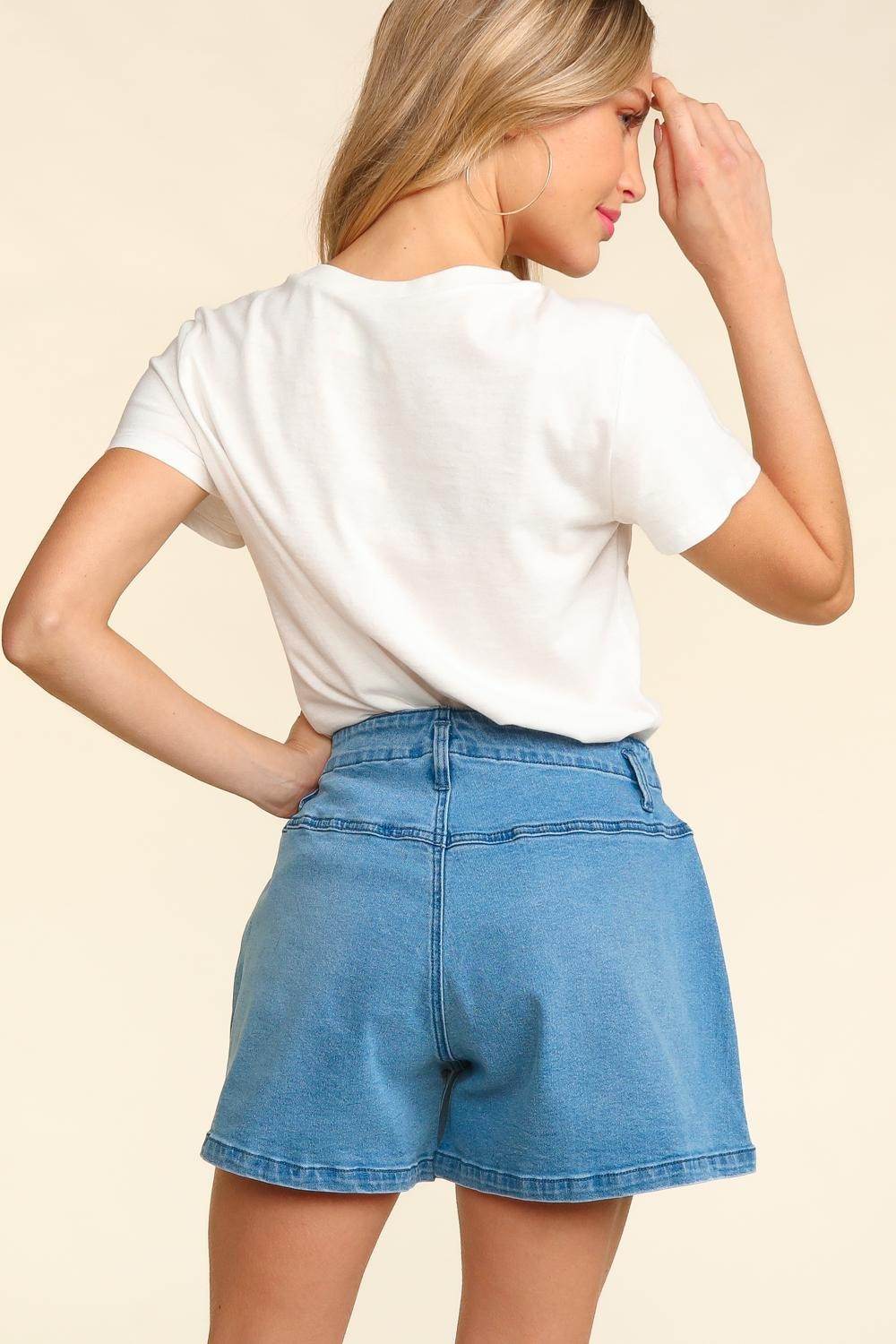Haptics High Rise Button Fly Washed Denim Shorts - Delanoir