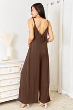 Double Take Full Size Soft Rayon Spaghetti Strap Tied Wide Leg Jumpsuit - Delanoir