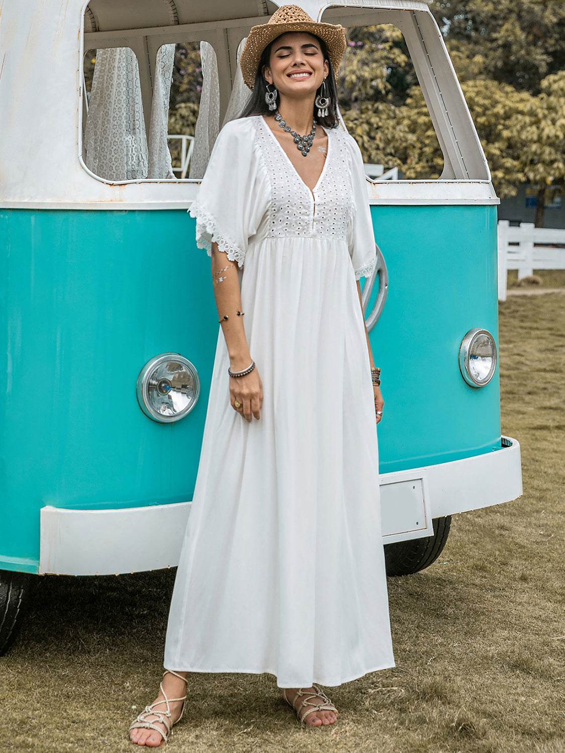 Lace Detail Eyelet V-Neck Half Sleeve Dress - Delanoir