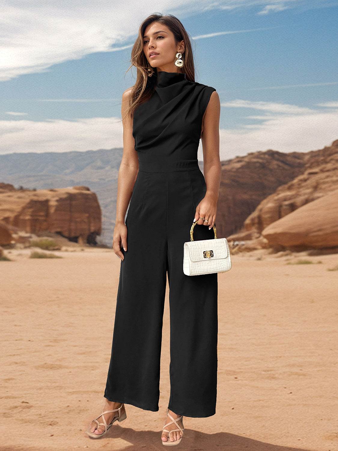 Perfee Ruched Mock Neck Sleeveless Jumpsuit - Delanoir