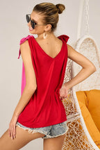 BiBi Shoulder Ribbon Tied Contrast Tank - Delanoir