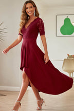 Lace Cutout V-Neck Short Sleeve Dress - Delanoir