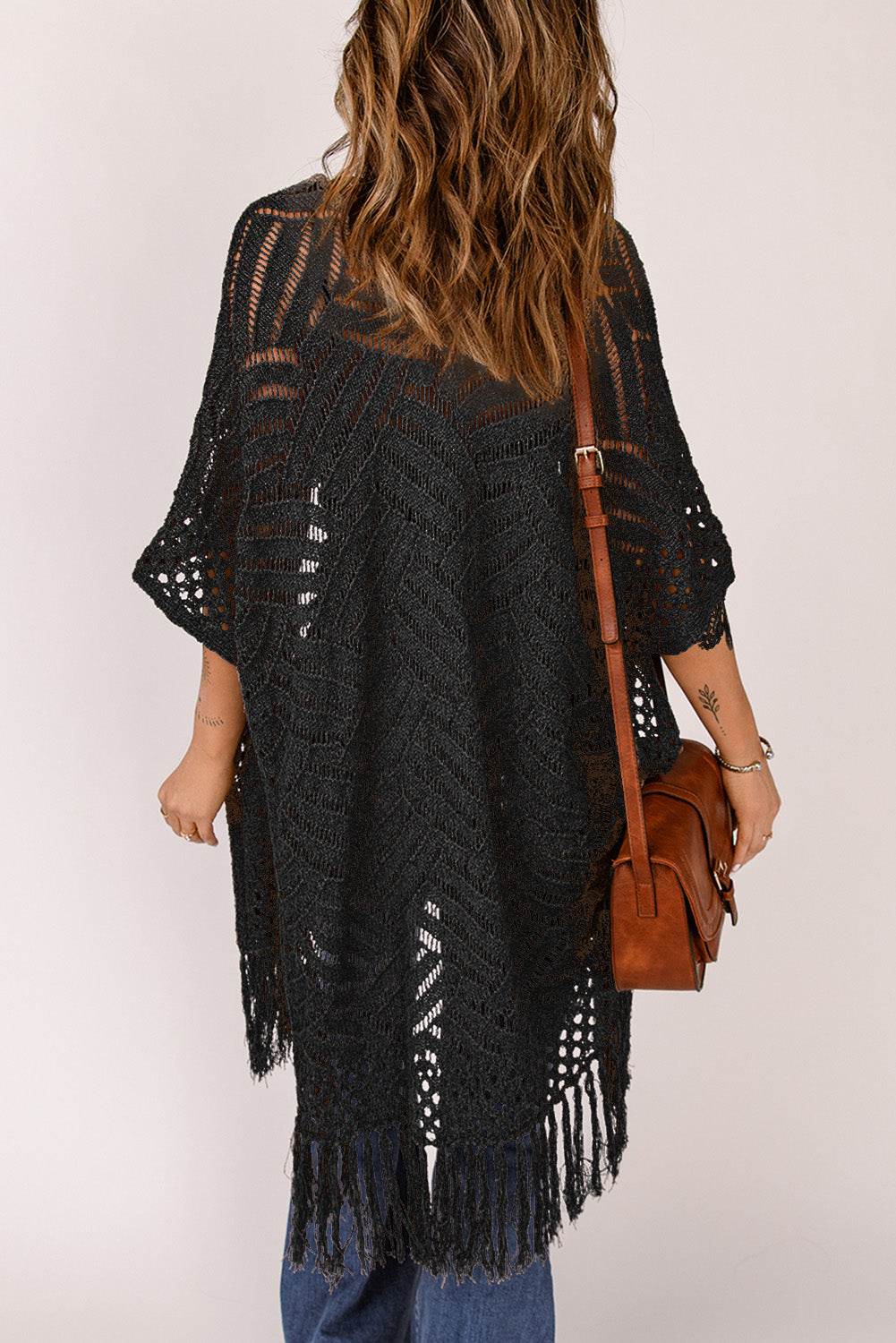 Fringe Hem Slit Open Front Cardigan - Delanoir