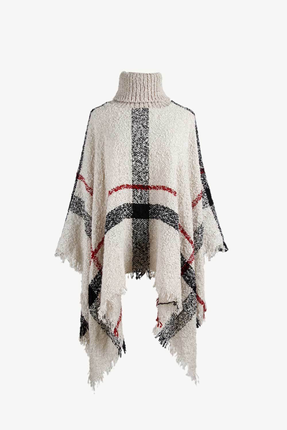 Plaid Turtleneck Raw Hem Poncho - Delanoir