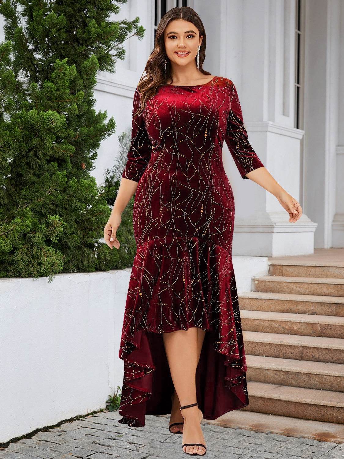 Plus Size Ruffle Hem High-Low Dress - Delanoir