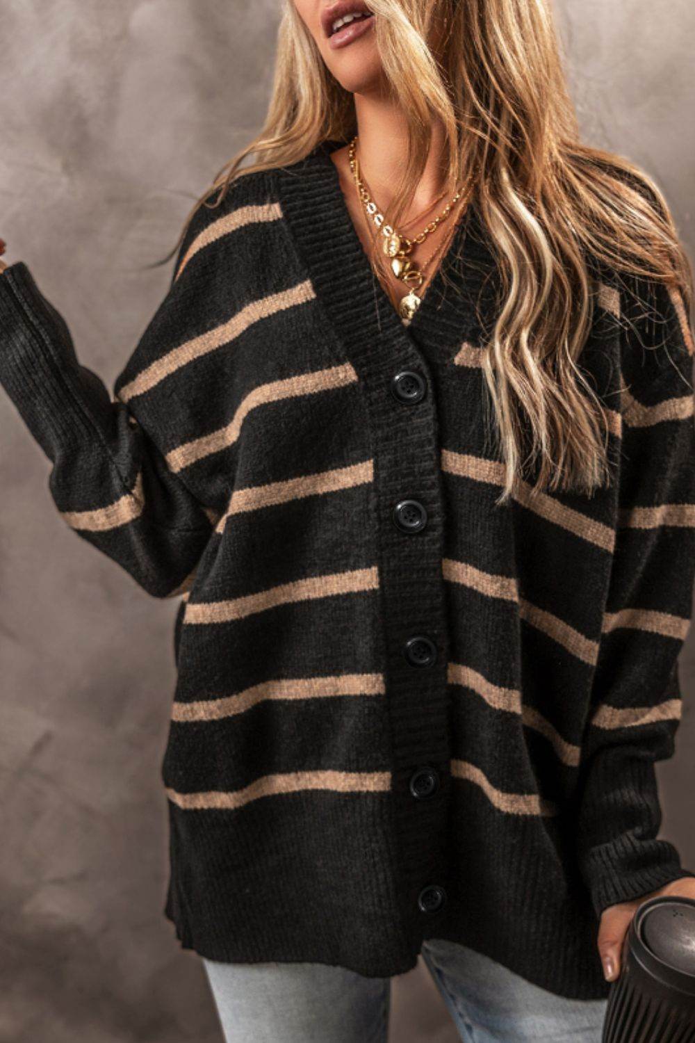 Striped Button Down Long Sleeve Cardigan - Delanoir