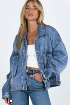 Collared Neck Button Up Denim Jacket - Delanoir