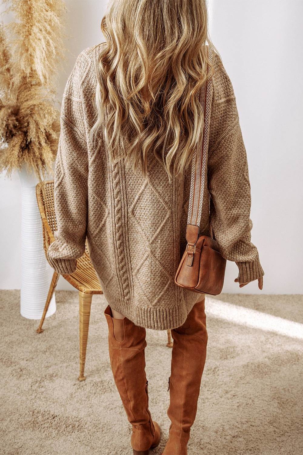 Cable-Knit Round Neck Sweater Dress - Delanoir
