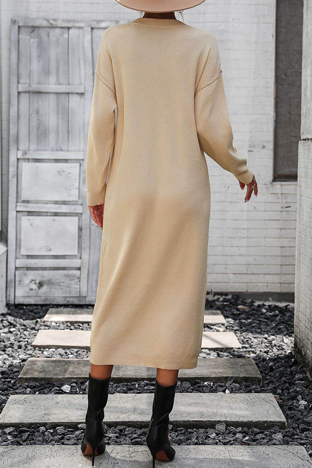 Decorative Button Notched Dropped Shoulder Sweater Dress - Delanoir