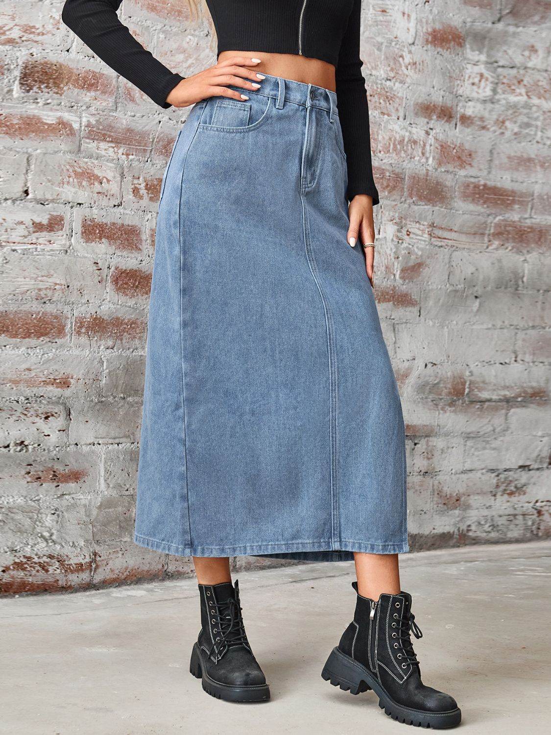 Slit High Waist Denim Skirt with Pockets - Delanoir